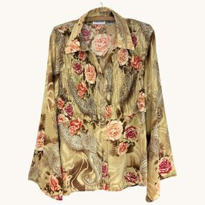 Millenium Women's Plus Long-Sleeve Boho Warm Tones Floral Blouse